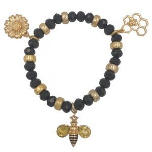 Bumblebee Theme Bee Honeycomb Flower Black Glass Stretch Bracelet
